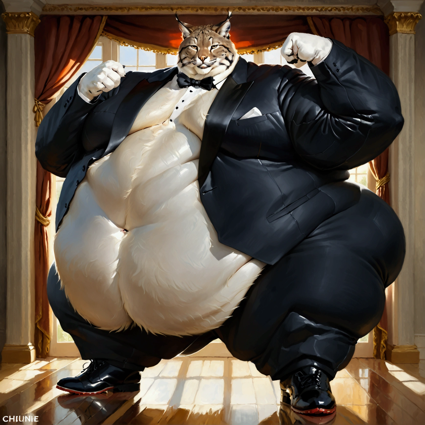 Single Very Extremely Morbidly-Obese Bobcat standing on two legs with unbelievably Very very very Extremely Massive Overhang white Belly, wears shoes, wears Full tuxedo Suit, massive belly, flexing, realistic proportions.