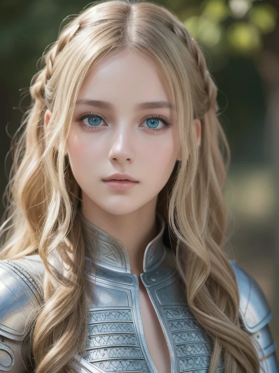  One girl , masterpiece,  top quality , 8k,  detailed skin texture, DETAILED CLOTH TEXTURE,  beautiful detailed face photographed outdoors,  complicated details,  Ultra Detailed ,  European style girl,  green eyes, Blonde Curly Hair】,  3D character ,  medieval knight 