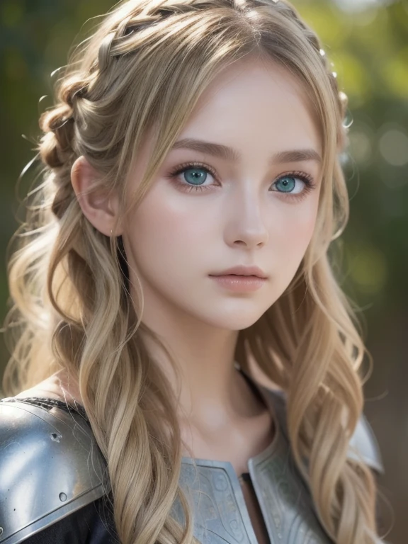  One girl , masterpiece,  top quality , 8k,  detailed skin texture, DETAILED CLOTH TEXTURE,  beautiful detailed face photographed outdoors,  complicated details,  Ultra Detailed ,  European style girl,  green eyes, Blonde Curly Hair】,  3D character ,  medieval knight 