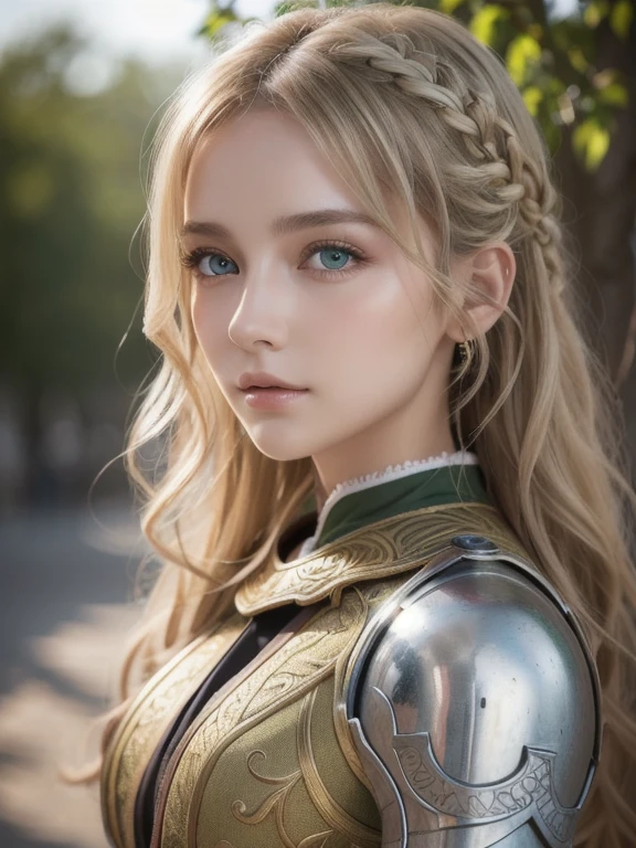  One girl , masterpiece,  top quality , 8k,  detailed skin texture, DETAILED CLOTH TEXTURE,  beautiful detailed face photographed outdoors,  complicated details,  Ultra Detailed ,  European style girl,  green eyes, Blonde Curly Hair】,  3D character ,  medieval knight 