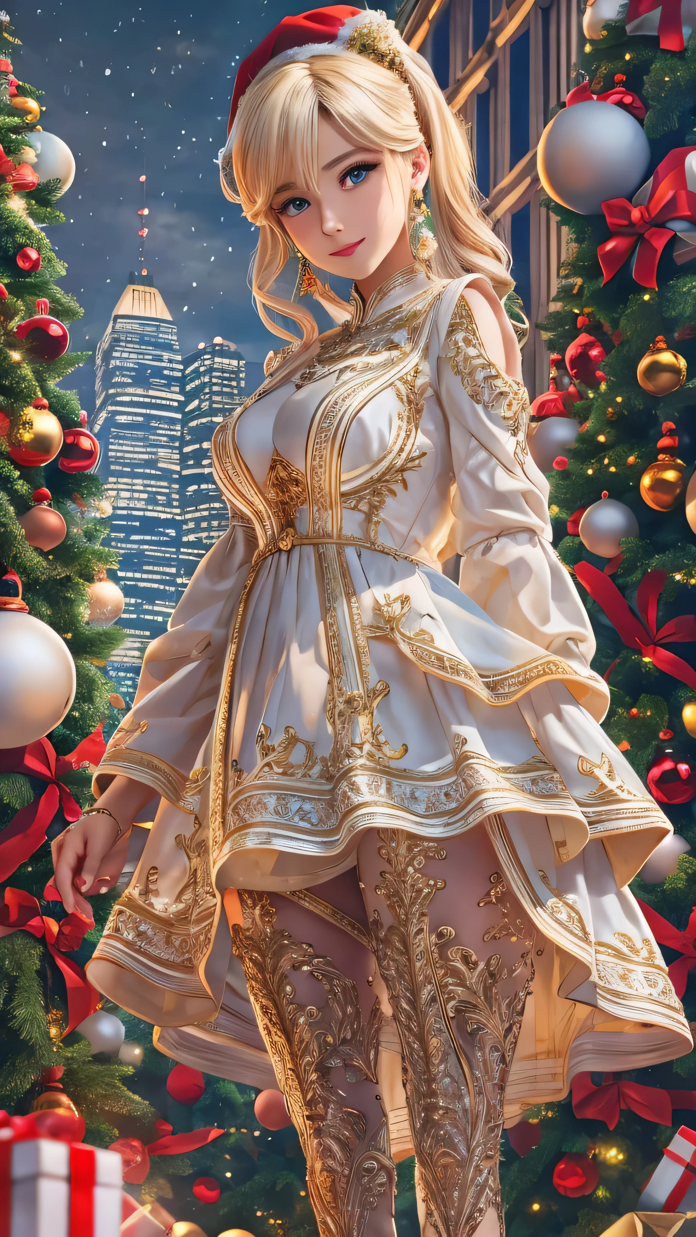 masterpiece,  top quality ,  super detailed ,  illustrations,  beautiful details,  depth of field,  dynamic angle , 8k wallpaper,  portrait,  best image quality,  Details, Christmas tree background in the city,  full body high quality image , contemporary,  dress,  blondes,  long hair,  face details,The actress who cosplays as Santa Claus。