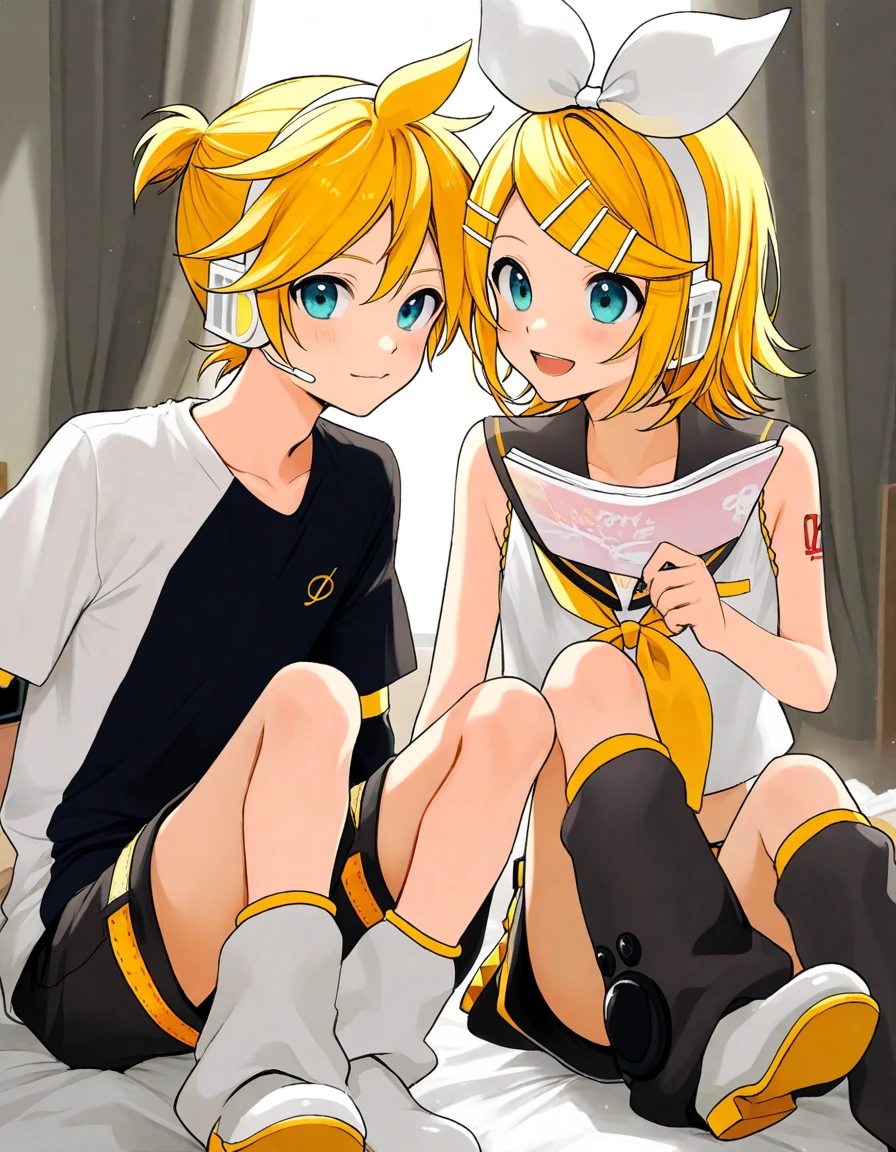 one boy and one girl, Kagamine Len and Kagamine Rin, sitting