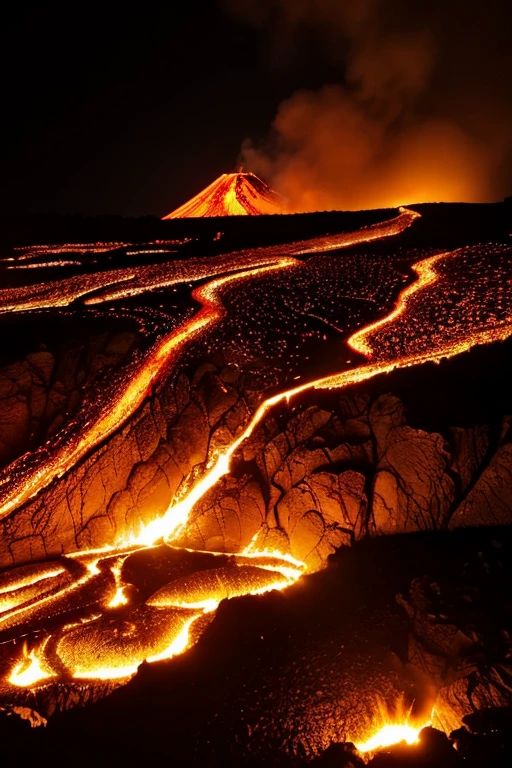 ((masterpiece)), (( top quality )),A realistic and dramatic depiction of Mt. Fuji。 lava flows down the slope 。This scene captures the wild 々 forces of nature 、 the melted lava shines bright orange and red 、 creates a sharp contrast with the dark landscape 。 thick columns of ash and smoke rise into the sky 、 the iconic mountain summit is partially invisible 。In the surrounding area、 sparkling rivers of lava cut through the terrain 、 the embers and sunshine add intensity 。 the dim sky is illuminated by violent eruptions 、 and has an ominous atmosphere 。