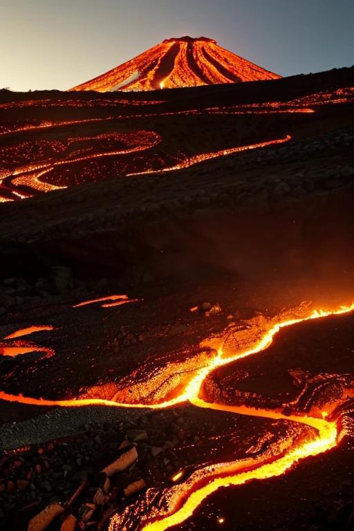 ((masterpiece)), (( top quality )),A realistic and dramatic depiction of Mt. Fuji。 lava flows down the slope 。This scene captures the wild 々 forces of nature 、 the melted lava shines bright orange and red 、 creates a sharp contrast with the dark landscape 。 thick columns of ash and smoke rise into the sky 、 the iconic mountain summit is partially invisible 。In the surrounding area、 sparkling rivers of lava cut through the terrain 、 the embers and sunshine add intensity 。 the dim sky is illuminated by violent eruptions 、 and has an ominous atmosphere 。