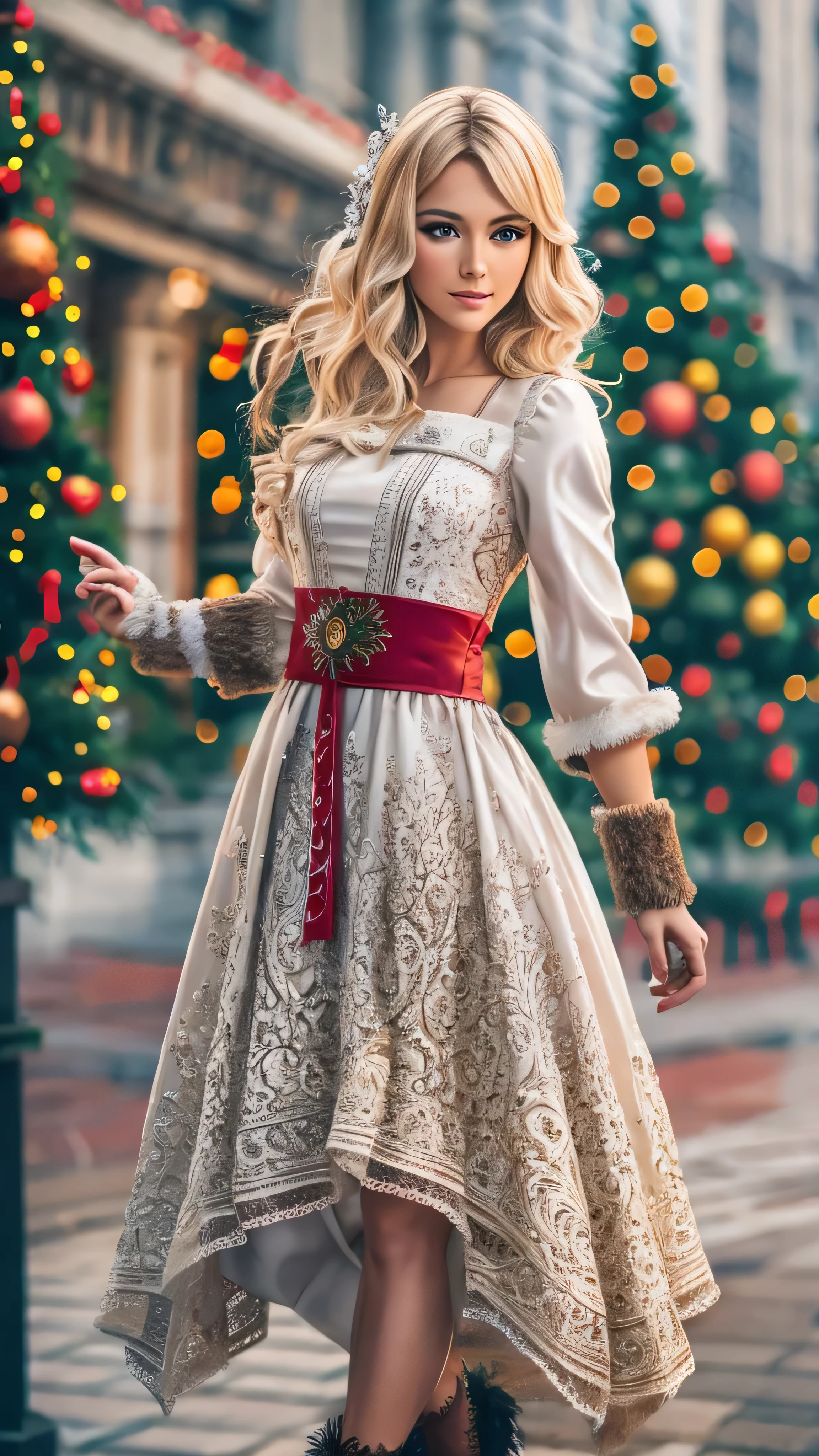 masterpiece,  top quality ,  super detailed ,  illustrations,  beautiful details,  depth of field,  dynamic angle , 8k wallpaper,  portrait,  best image quality,  Details, Christmas tree background in the city,  full body high quality image , contemporary,  dress,  blondes,  long hair,  face details,The actress who cosplays as Santa Claus。