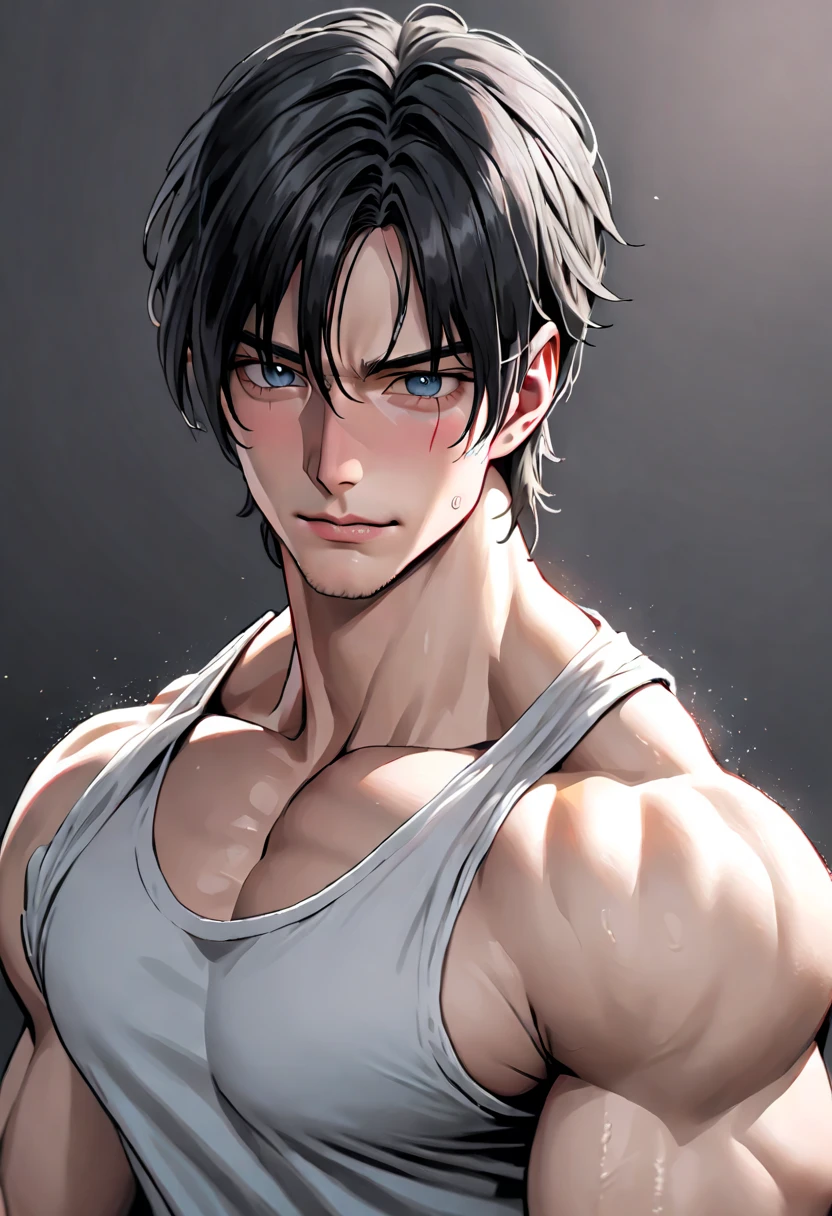 (masterpiece, High resolution, Super detailed:1.0), (1 male, Adult male, 27 years old, Soft and handsome face), Very high, the right amount of muscle, Detailed face, (black hair, medium long hair, Center parted bangs), (blue eyes, Sagging eyes, Hanging eyes, long eyelashes), (Wearing only a half-open white shirt, Black and gray cotton pants, Show some muscle), (Slightly red cheeks, sweat, Playful, Seductive smile:1.3), (light black background, front, looking at the audience), (SuperQuality:1.0)