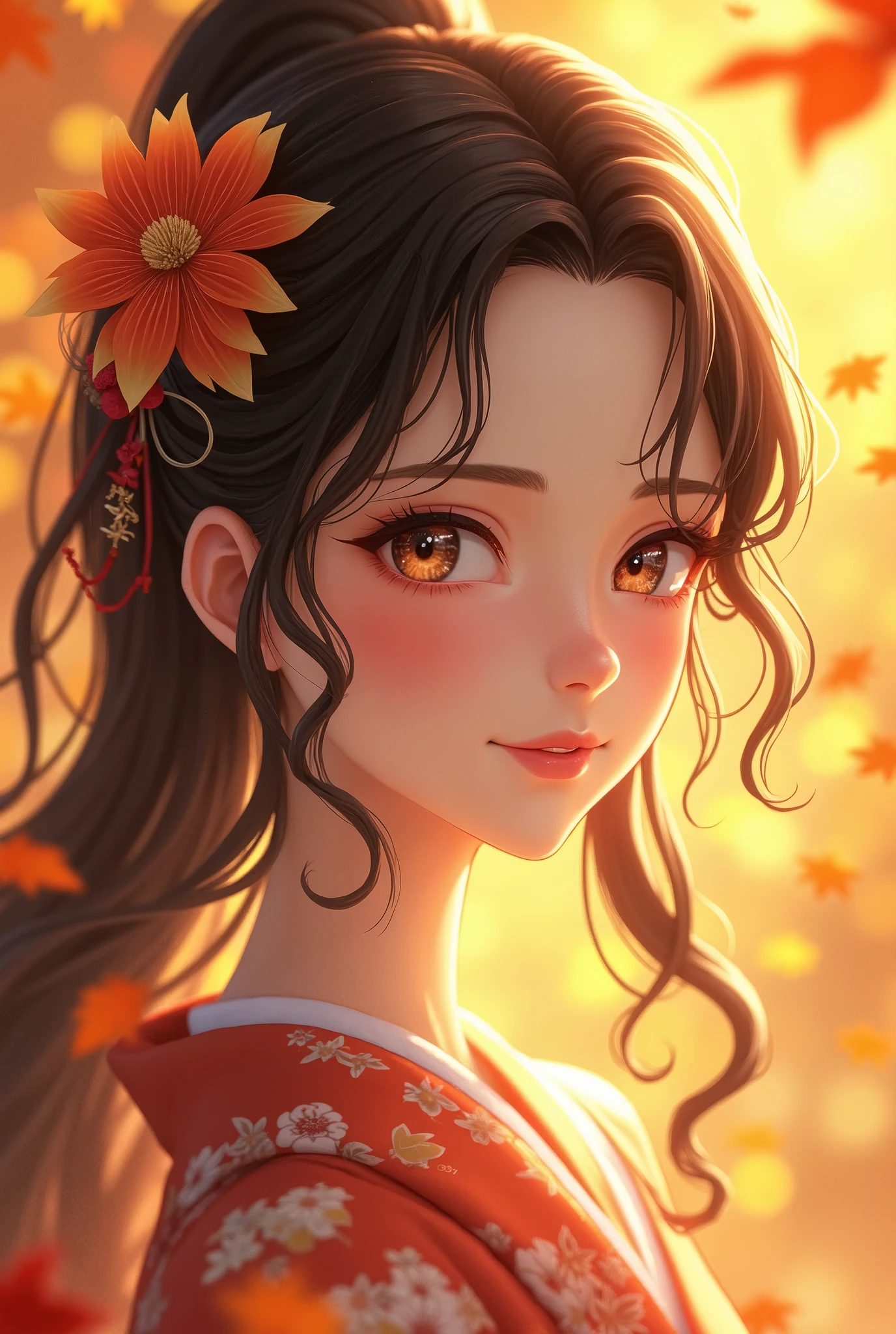 Anime bright brown black hair,  detailed beautiful eyes ,  Detailed Beautiful Face , Detailed beautiful nose,  wear a bright purple floral kimono,  surrounded by golden autumn leaves ,Happy smile,  beauty like a goddess , Warm Sunlight ,  anime style , Flower decoration on her hair ,  elegant . The overall atmosphere is bright and cheerful, Japanese culture and the beauty of the fall season ,  high image quality, masterpiece, 8K high definition, 