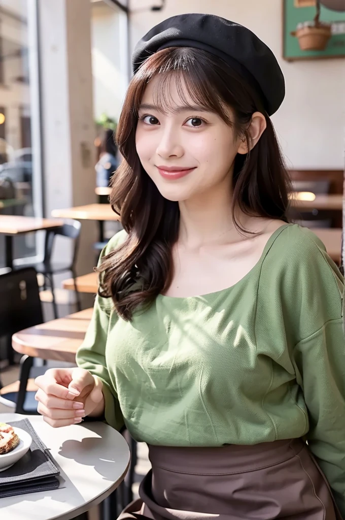 (masterpiece, best quality, perfect anatomy, highres, 8k, realistic, photorealistic, natural skin texture, no makeup:1.2), (morning:1.5), 1girl, solo, Japanese, age20, female charming university student, very cute, (large breasts:1.5), sitting at a cozy café table, a small dessert in front of her, She leans slightly forward, playfully holding a fork toward the dessert, with a relaxed, warm smile, Her stylish outfit includes a mini skirt and a beret, complemented by soft waves in her medium-length hair, The café is softly lit, creating a welcoming atmosphere, and the composition captures her elegance and youthful energy, Autumn-inspired décor surrounds her, vertical frame, jp idol, inugao