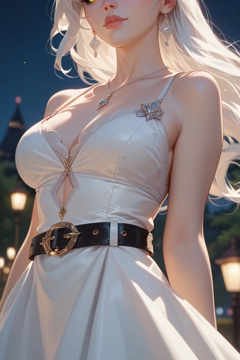 Girl, white hair, white dress, belt, pale, night, elegant, close up, yellow eyes, otherwordly