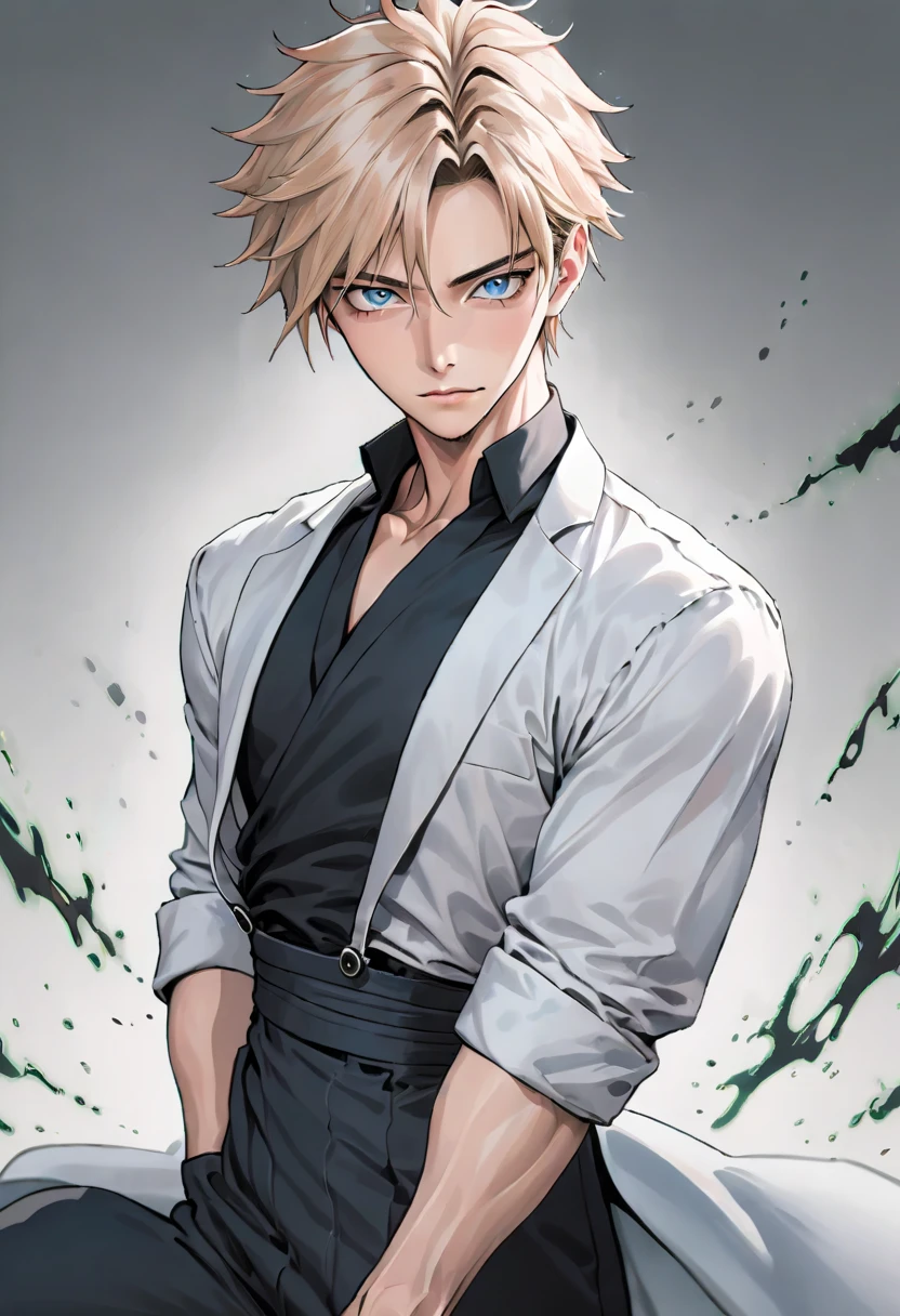 anime - style illustration of a man with a black apron and white shirt, handsome guy in demon slayer art, shigenori soejima illustration, official character art, official character illustration, male anime character, tall anime guy with blue eyes, delicate androgynous prince, anime handsome man, detailed anime character art, beautiful androgynous prince, anime portrait of a handsome man, gentle smile