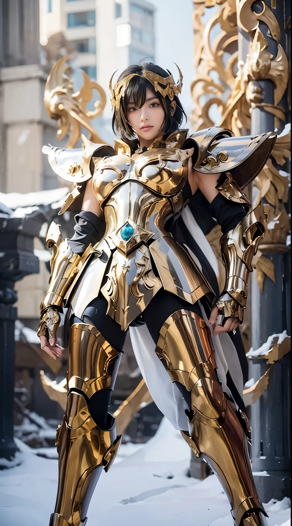 Masterpiece, 1 girl, curvy body, Large breasts, with short, shiny blue hair. knights of zodiac girl, Saint Seiya.Leo God Golden Cloth, light black metal armor, wearing black metal armor, metal heavy armor. dramatic, Dropping the chest, dropping the waist, dropping the thighs, cool pose, Saint Seiya armor, with very intricate details. A warrior, battle-tested, black metal Warframe, intricately decorated armor with sharp details, a strong and sexy body, clear lines, determination, Mystical rune, Ultra-high saturation, full body photo, (best quality), Wearing black metal armor, Woman dressed in sexy lingerie armor, bikini, neatly styled short hair, high detail, cinematic, ray tracing, film grain, hyper HD, skin texture, super detail, Correct anatomy, high resolution, ultra-high saturation, medium contrast, Dark shimmering armor, Smooth skin, Serious expression. the background of a ruined ancient Roman building.
