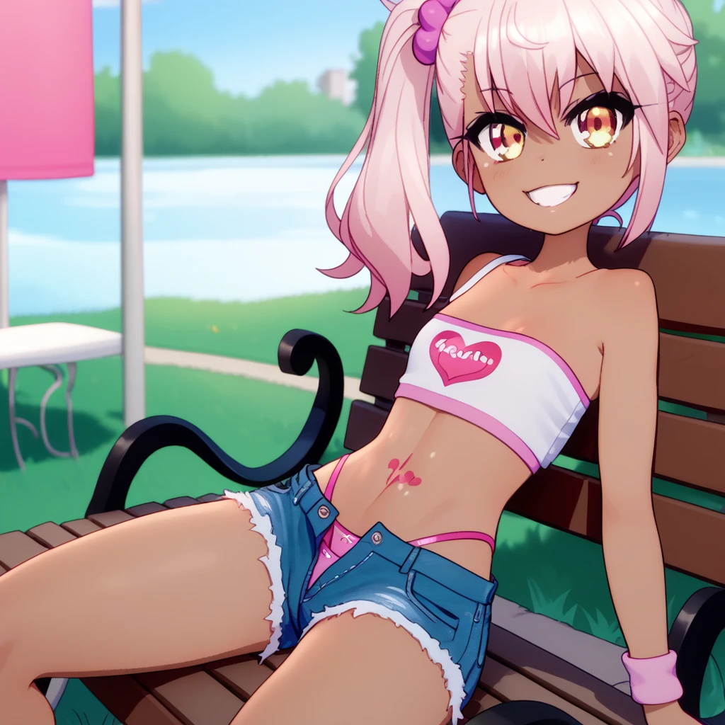 1girl,solo,smile,outdoor,midriff, pink tube top, denim hotpants, open fly, beld, gyaru clothes, thighighs,sitting,bench, chloe,dark_skinned_female,dark_skin,long_hair,pink_hair,yellow_eyes,hair_between_eyes,white_hair,bangs,flat chest,,half_updo,one_side_up, young girl, (li:1.3), slender waist, nice hips, slut, side ponytail, cameltoe, thong, red symbol on stomach,