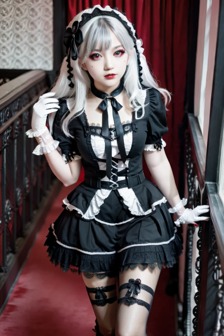  one girl, Silver Hair, semi-long hair, long lashes, red eyes, big eyes, well-prepared face, plump lips ,white, fine skin, gothic ta , lots of frills,Multiple belts,black lace gloves, Black Knee Socks ,Full body portrait,indoor,