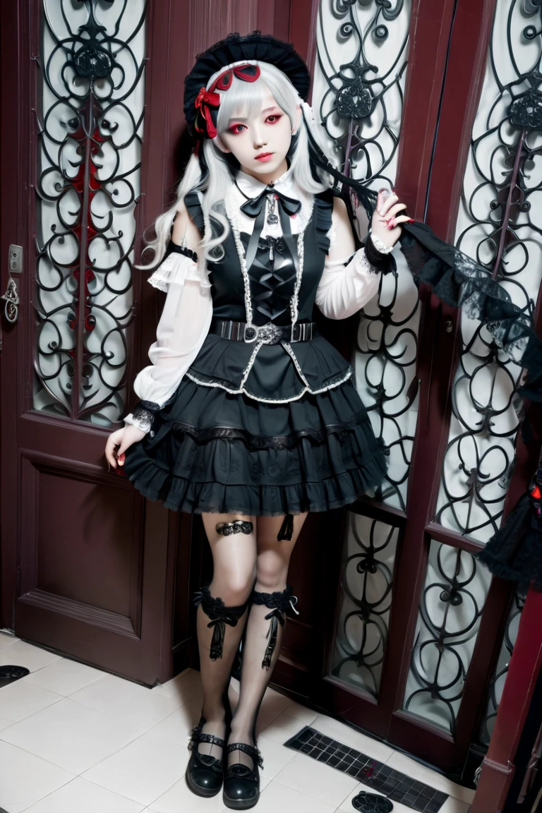  one girl, Silver Hair, semi-long hair, long lashes, red eyes, big eyes, well-prepared face, plump lips ,white, fine skin, gothic ta , lots of frills,Multiple belts,black lace gloves, Black Knee Socks ,Full body portrait,indoor,