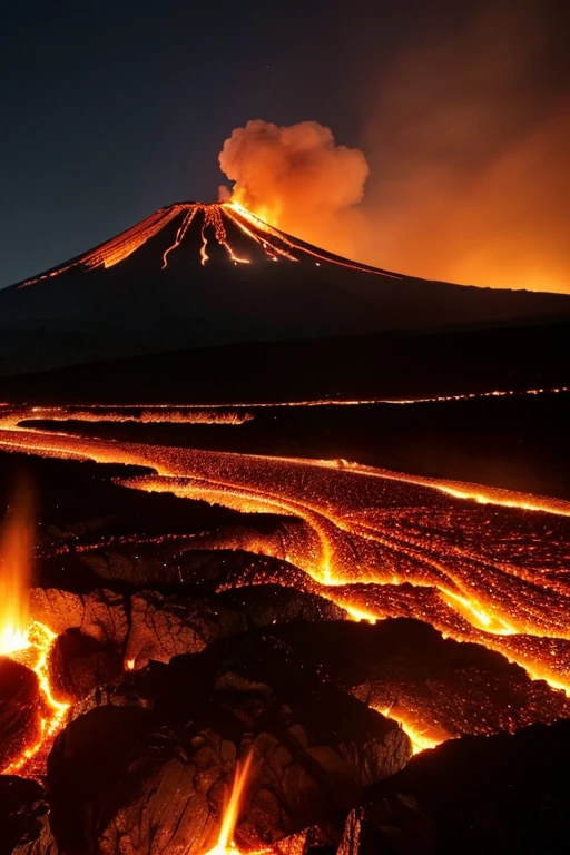 ((masterpiece)), (( top quality )),A realistic and dramatic depiction of Mt. Fuji。 lava flows down the slope 。This scene captures the wild 々 forces of nature 、 the melted lava shines bright orange and red 、 creates a sharp contrast with the dark landscape 。 thick columns of ash and smoke rise into the sky 、 the iconic mountain summit is partially invisible 。In the surrounding area、 sparkling rivers of lava cut through the terrain 、 the embers and sunshine add intensity 。 the dim sky is illuminated by violent eruptions 、 and has an ominous atmosphere 。