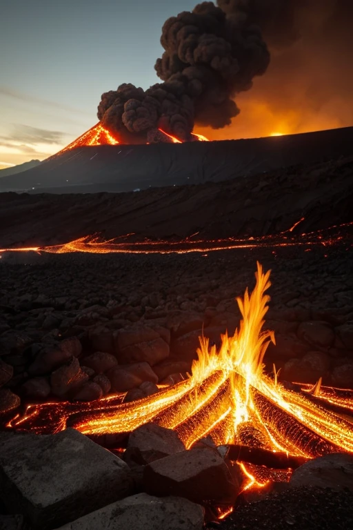 ((masterpiece)), (( top quality )),A realistic and dramatic depiction of Mt. Fuji。 lava flows down the slope 。This scene captures the wild 々 forces of nature 、 the melted lava shines bright orange and red 、 creates a sharp contrast with the dark landscape 。 thick columns of ash and smoke rise into the sky 、 the iconic mountain summit is partially invisible 。In the surrounding area、 sparkling rivers of lava cut through the terrain 、 the embers and sunshine add intensity 。 the dim sky is illuminated by violent eruptions 、 and has an ominous atmosphere 。