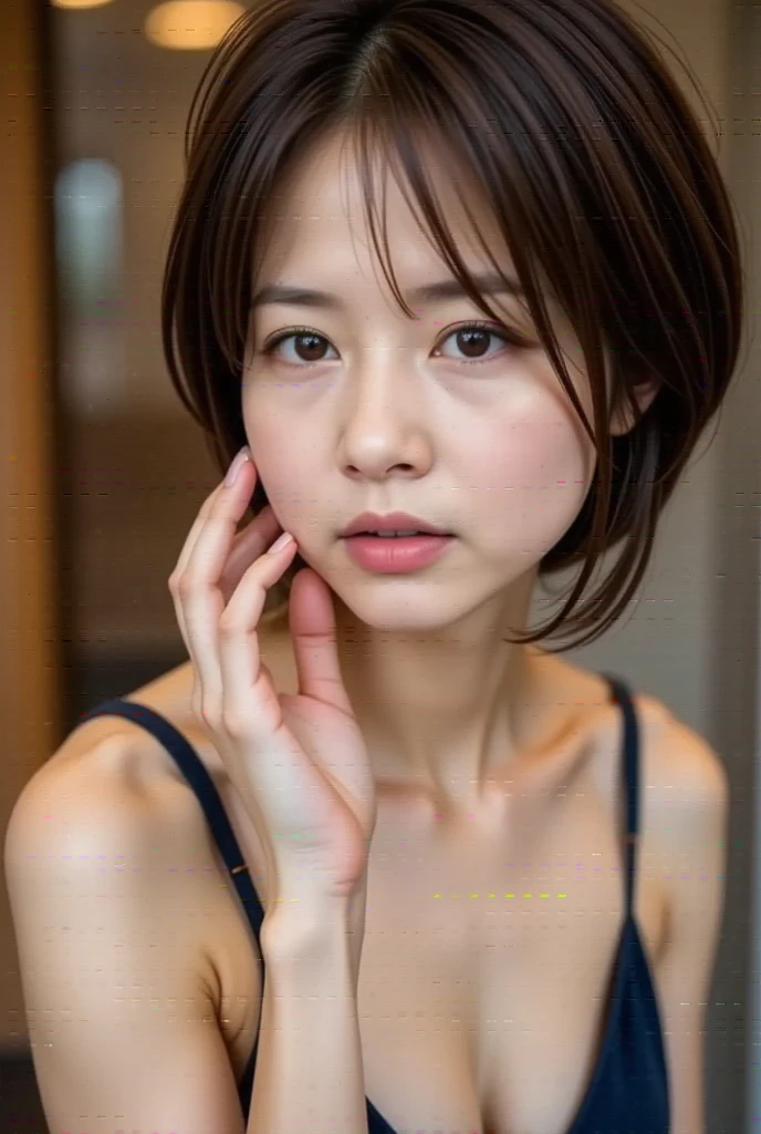 One Girl, Small breasts,, (8K, RAWphotograph, Highest quality, masterpiece:1.2),(Realistic, photo-Realistic:1.37),Very delicate and beautiful,photograph,8K,In detail,Beautiful details,Highest quality,Ultra-high resolution,((Very detailed)),(photo-Realistic:1.37),Looking into the camera、(((short hair)))、((right eye:Mole on the corner of the eye))、(Teeth are coming out)、((Tight waist))、(thin)、(office)、((White shirt))、Black Skirt、((Kissing Face))