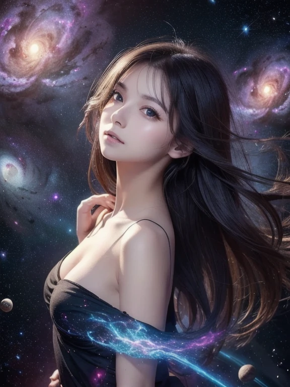 floating in space、whole body、reach out, highest quality, Highly detailed CG integrated 8k wallpaper, movie lighting, Lens flare, beautiful detail eyes, black, Side view, multicolored hair, Rich and colorful light, particle, 、girl、laugh fearlessly、Rainbow Hair、Big Bang Girl,The edge of the universe can be seen on the lining、dark matter、energy、Retro and psychedelic、Create miracles with a single photon、From Blink to Quasar、It's too bright to keep looking、The Super Burst is what draws you in