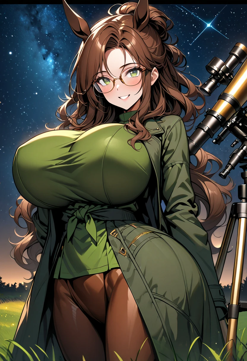 solo, female, close up, long wavy hair, brown hair, dark green eyes, centaur girl, brown horse ears, huge breasts, tied hair, modest clothes, night sky, wide smile, large brass telescope, telescope on tripod, starry sky, grassy field, night, coat, glasses, horse body, horse legs,