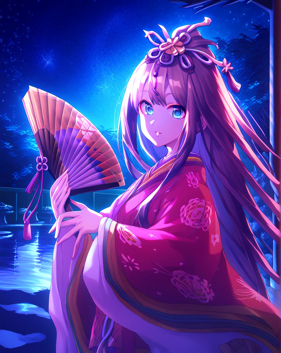  One girl ,   single, wearing rainbow  12 single, Joy, Magenta,  long hair,   bright blue eyes , Holding a folding fan,  Japanese Garden, night,  starry sky ,   frame position  , masterpiece,  absurd,  top quality , score_9, score_8_ up, score_7_ up,