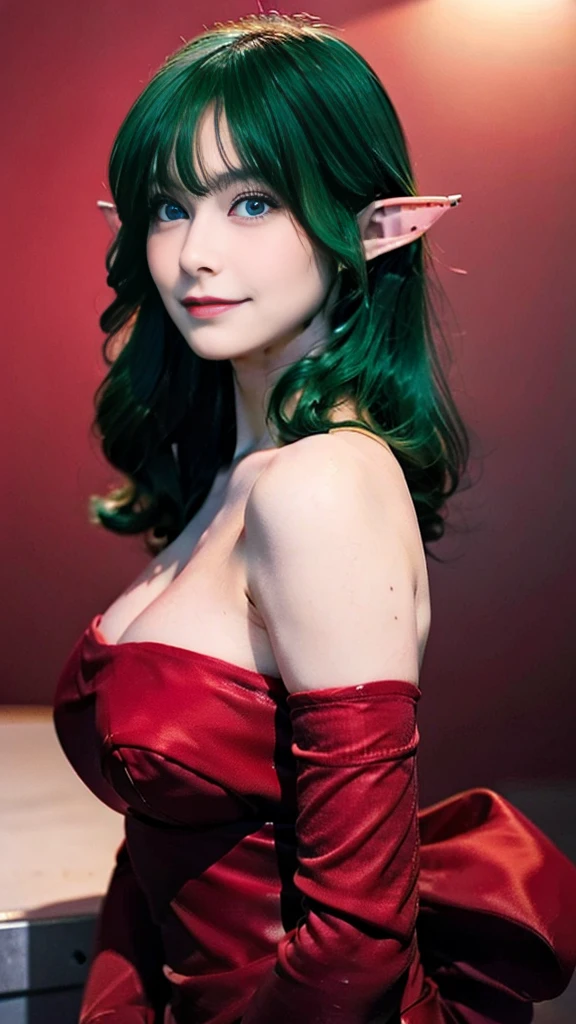 ((masterpiece,best quality,ultra-delicate,Perfect Face,16k,very detailed eyes,high resolution,very beautiful girl,sharpness,raw photo,18 years old,bright green color hair:2.0,cute,Photographed from the front)),,Red strapless bodycon tube dress with huge red bow on the back:2.0,Red long arm sleeves,Elf Girl,very huge Breasts:2.0,blue eyes, very happy smile:2.0,upper body shot,