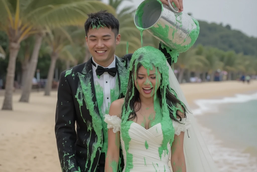 Wedding photograph. Korean teen covered in green water. Photorealistic. Wet liquid. Nasty slime. Raw photo. Wearing white wedding dress. Wearing wedding veil. Cleavage. outside tropical beach. Green Slime. Dripping green goo. 18 years old. Wet green liquid. (Caucasian Man in tuxedo pours silver bucket of green liquid onto her head: 1.2). Wedding photography. Korean girl. (Korean teen girl: 1.1)