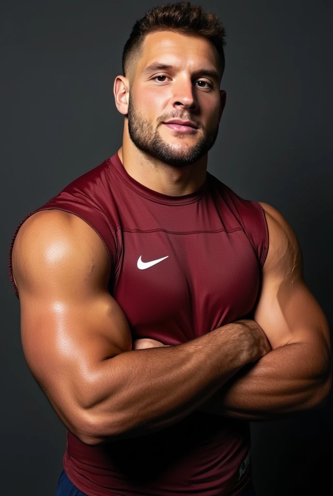 Nick Bosa, muscular, chiseled jaw, strong physique, undercut haircut combed back, short beard, showing off his well-defined physique. His skin glistens with sweat, highlighting his bulging muscles, Muscular man radiates confidence and power, his defined and wavy muscles. The intricate details of his defined chest, ABS, and the arms are emphasized, showing off his toned physique. wearing american football uniforms upper body, arms crossed, in camera studio with 3 flash, soft lighting