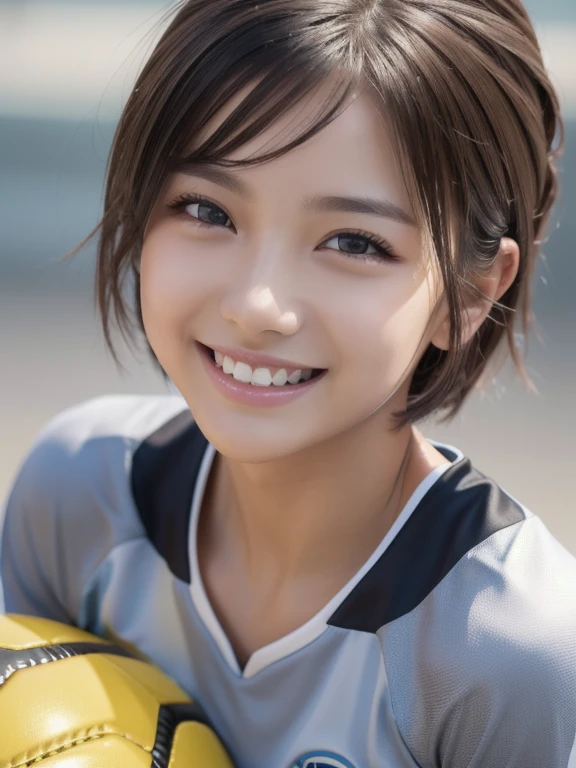 Highest quality, masterpiece, (Realistic:1.2), (uetoaya), (Huge breasts:1.3),smile, head shot, Backlight, Silhouette Lighting, Shirt lift, Tomboy, Brown pixie cut hair, Hair on one eye, front, Detailed face, Beautiful Eyes, Oily skin, Sweat a lot, Fitted, Stars and Stripes Bikini, Underbust, Santorini, Greece