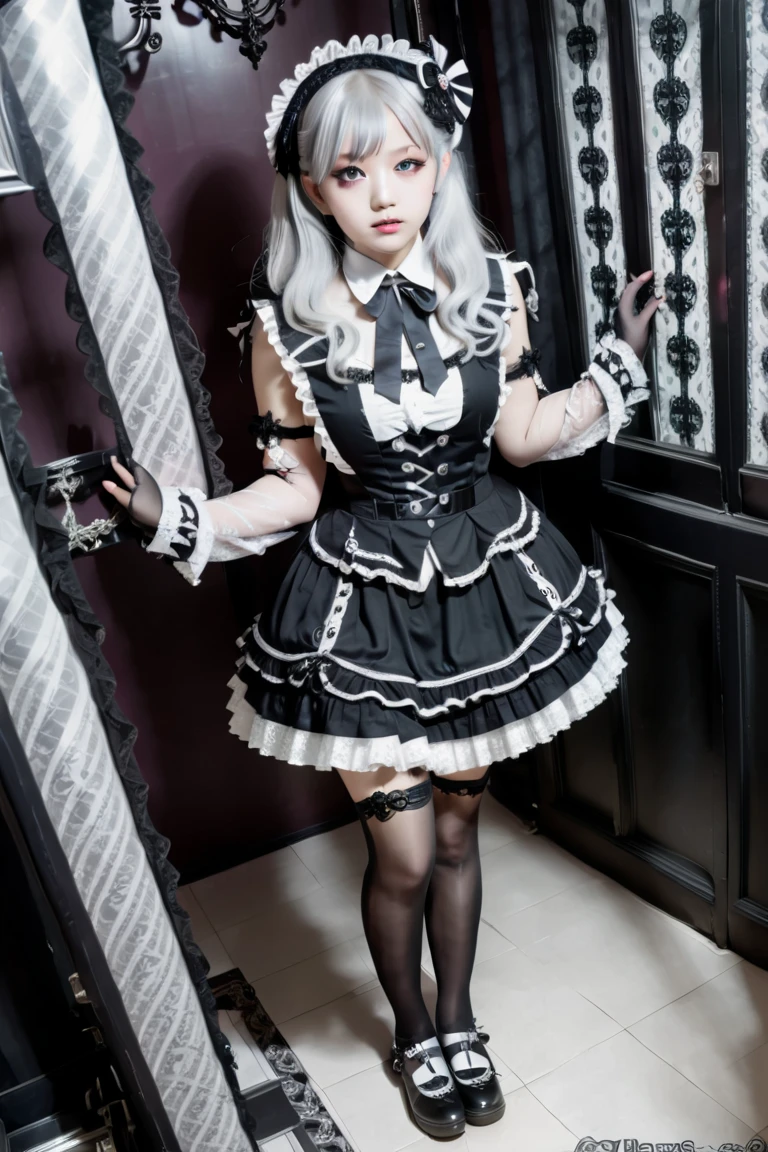  one girl, Silver Hair, semi-long hair, long lashes, big eyes, well-prepared face, plump lips ,white, fine skin, gothic lolita , lots of frills,Multiple belts, Black Lace Long Gloves , Black Knee Socks ,ribbon,Full body portrait,indoor,