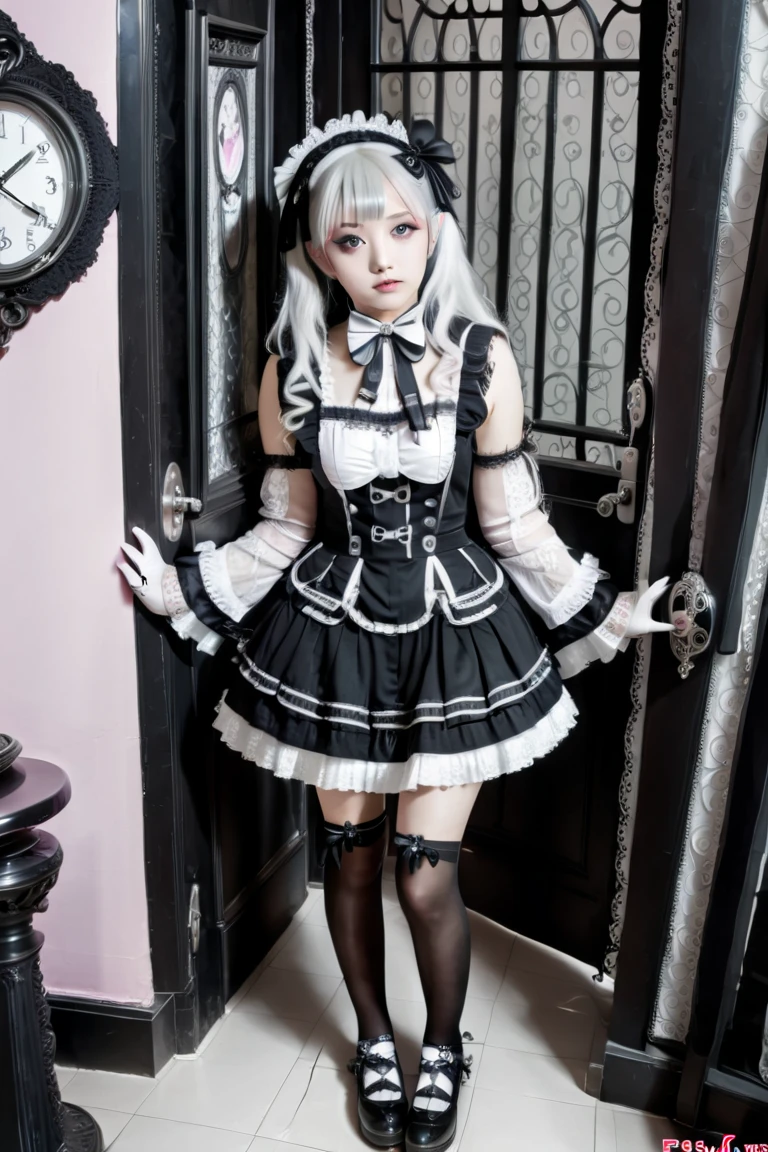  one girl, Silver Hair, semi-long hair, long lashes, big eyes, well-prepared face, plump lips ,white, fine skin, gothic lolita , lots of frills,Multiple belts, Black Lace Long Gloves , Black Knee Socks ,ribbon,Full body portrait,indoor,