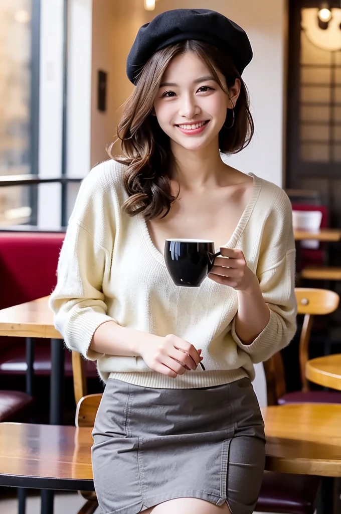 A semi-realistic style artwork of a girl sitting visibly anxious holding a cup of burgundy tea with both hands, She is black and has curly hair in a vibrant orange bob., and wears an orange and white striped turtleneck sweater along with brown pants and boots of the same color., wearing white leg warmers and round glasses. She stares at the mug, with a trembling smile and disheveled hair full of frizz