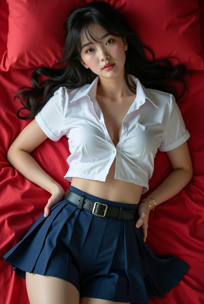 (1 girl), highly detailed girl, solo, ((highly detailed face)), extremely detailed CG unified 8k wallpaper, highly detailed, raw color photos, professional photography, Realistic, (slender, cleavage:0.8), ((wearing school uniform with open chest:1.45)), (looking at viewer, embarrassed:1.6, ashamed:1.45, sleeping:1.2, close eyes:1.24, upturned eyes, flustered, open mouth), dark plaid pleated skirt, bedroom,(from above lying on her back, head on a pillow, spread open legs, highthigh, black stockings, cameltoe:0.8, full body)