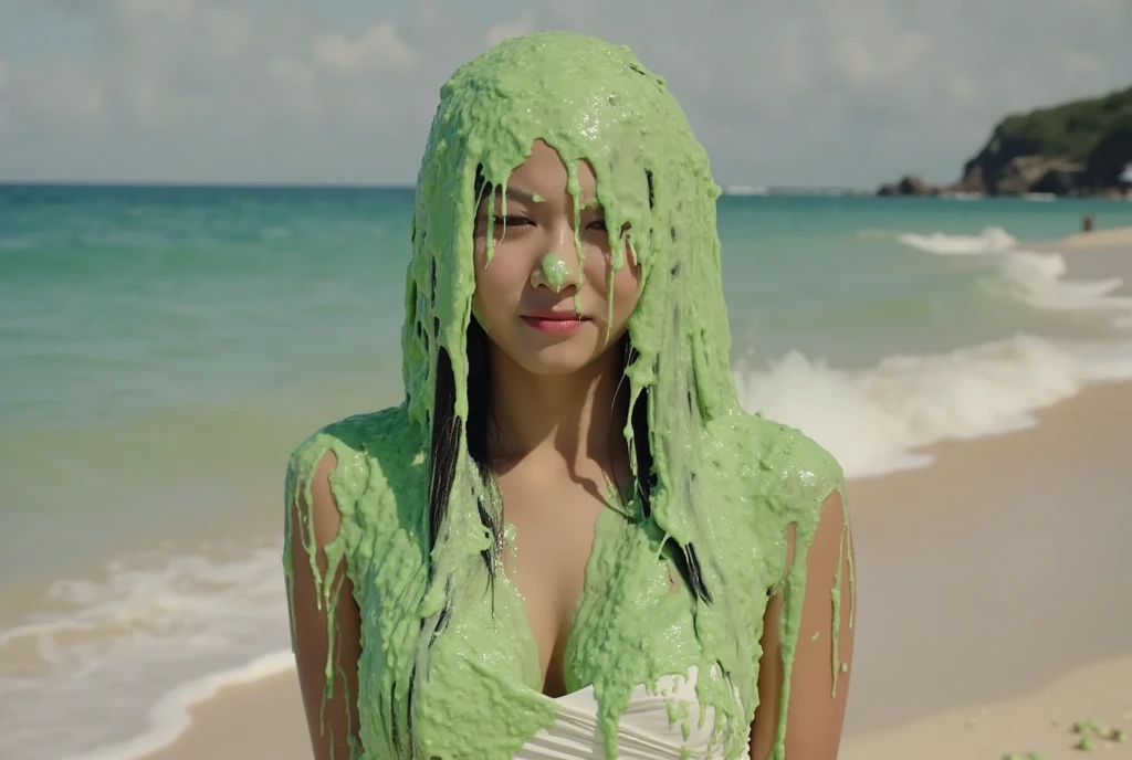 Wedding photograph. Korean teen covered in green water. Photorealistic. Wet liquid. Nasty slime. Raw photo. Wearing white wedding dress. Wearing wedding veil. Cleavage. outside tropical beach. Green Slime. Dripping green goo. 18 years old. Wet green liquid. Wedding photography. Korean girl. (Korean teen girl: 1.1)