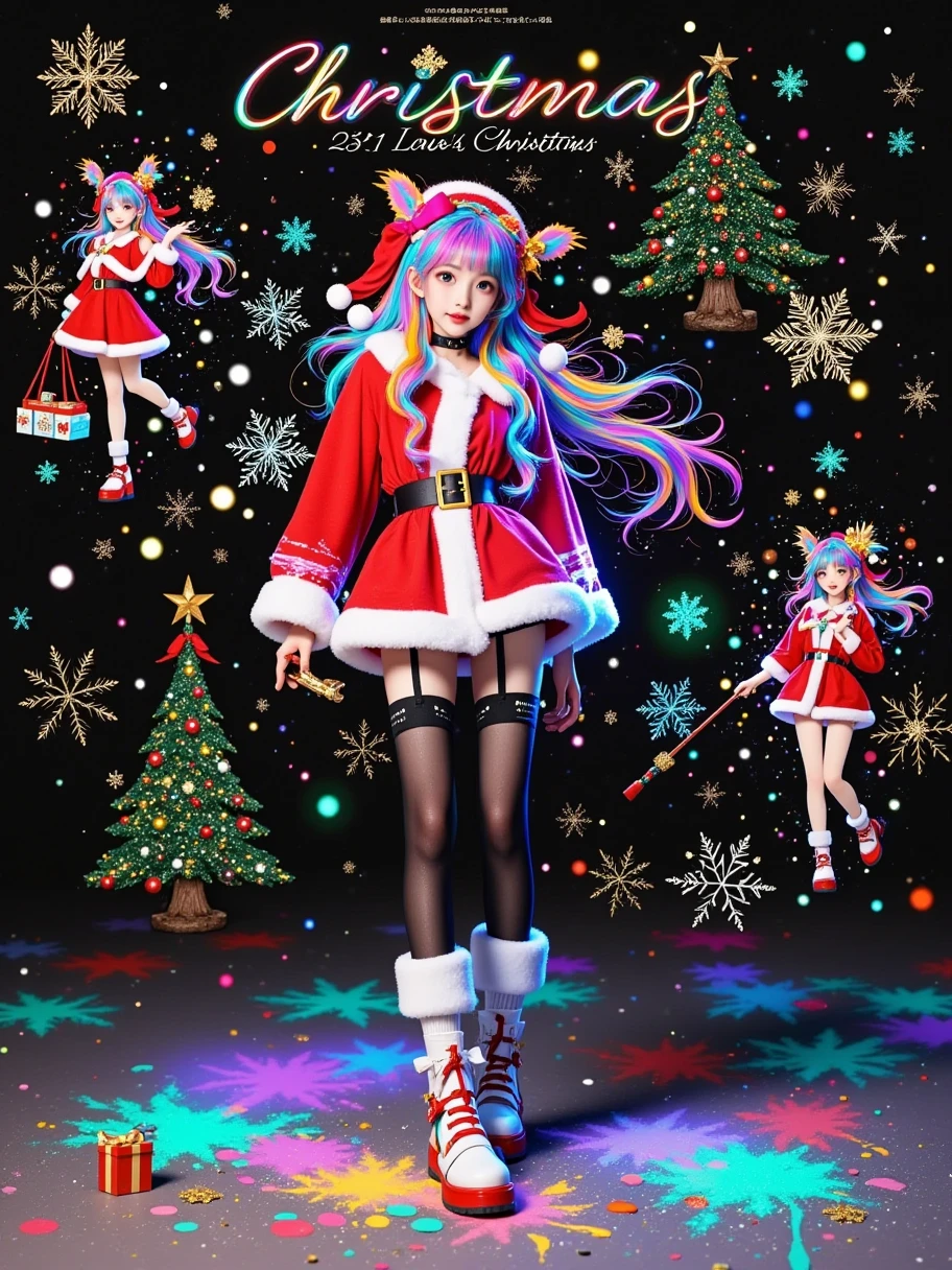 A photorealistic character sheet in a 9x9 grid layout featuring a single consistent character,  Cyberpunk style fatal girl wearing a Christmas costume ,  Each pocket shows a different aspect of her design ,  include a close-up of her eye-catching features ,  such as neon orange or purple hair and sharp eyes with festive cyber implants ,  These implants glow in the dark , Showcasing changes in her costume ,  snowflake patterns that emphasize a smooth Santa costume ,  High-tech accessories such as a magic wand with glowing runes , And avant-garde shoes with bell buckles ,  Add elements such as reindeer and snowflakes and circuits that glow on her skin,  These circuits look like Christmas symbols ,  background should be A dark futuristic cityscape on a Christmas night ,  with neon lights in the shape of a Christmas tree and snowman ,  accentuating the character's bold and mysterious personality 