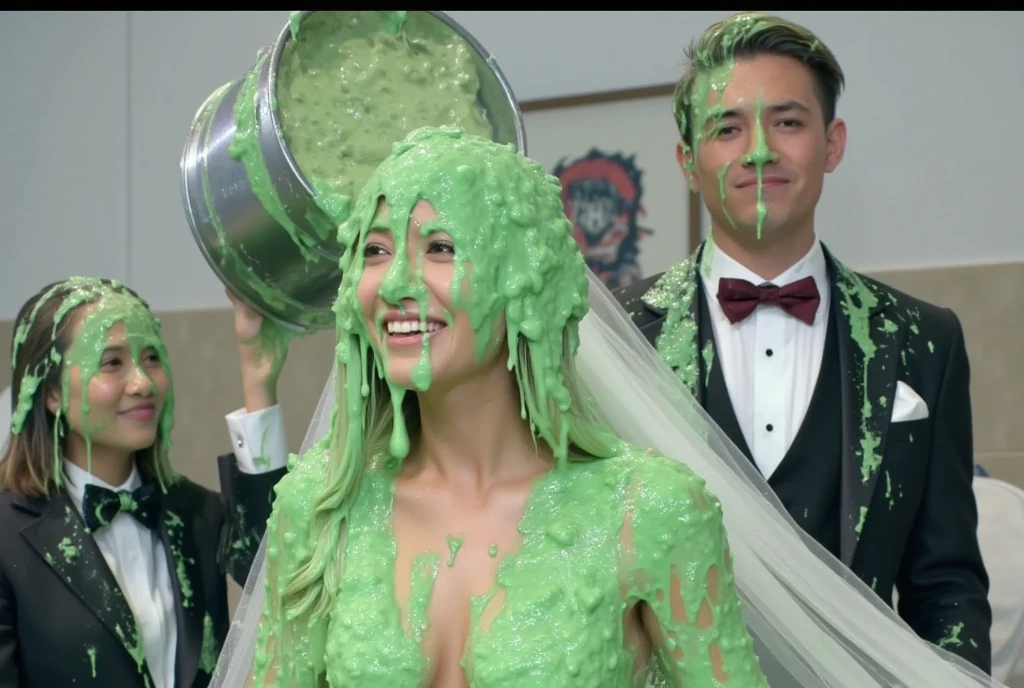 Wedding photograph. Korean teen covered in green water. Photorealistic. Wet liquid. Nasty slime. Raw photo. Wearing white wedding dress. Wearing wedding veil. Cleavage. outside tropical beach. Green Slime. Dripping green goo. 18 years old. Wet green liquid. (Caucasian Man in tuxedo pours silver bucket of green liquid onto her head: 1.2). Wedding photography. Korean girl. (Korean  girl: 1.3)