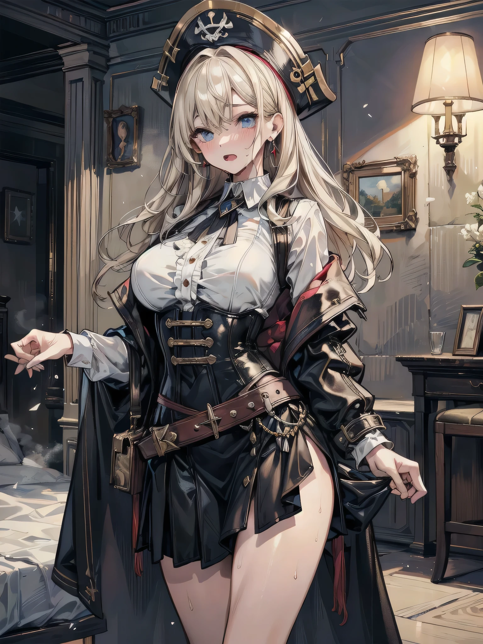 (masterpiece:1.2, top-quality), (realistic, photorealistic:1.4), (natural side lighting, movie lighting), looking at viewer, 1 girl, japanese, 25 years old, perfect face, perfect body, ((cute and symmetrical face)), shiny skin, long hair, straight hair, sideburns, hair intakes, blond hair,  (middle ???????), slender, beautiful hair, beautiful face, beautiful detailed eyes, beautiful clavicle, beautiful body, beautiful thigh, beautiful legs,　medium long skirt, 　suspenders, Garter belt on the legs, 　(lovely smile), ((Stilet Heels)),　（Standing upright with one leg in front of the other）,　face focus,  trench coat,　（full-body view）、put your hand on your waist、