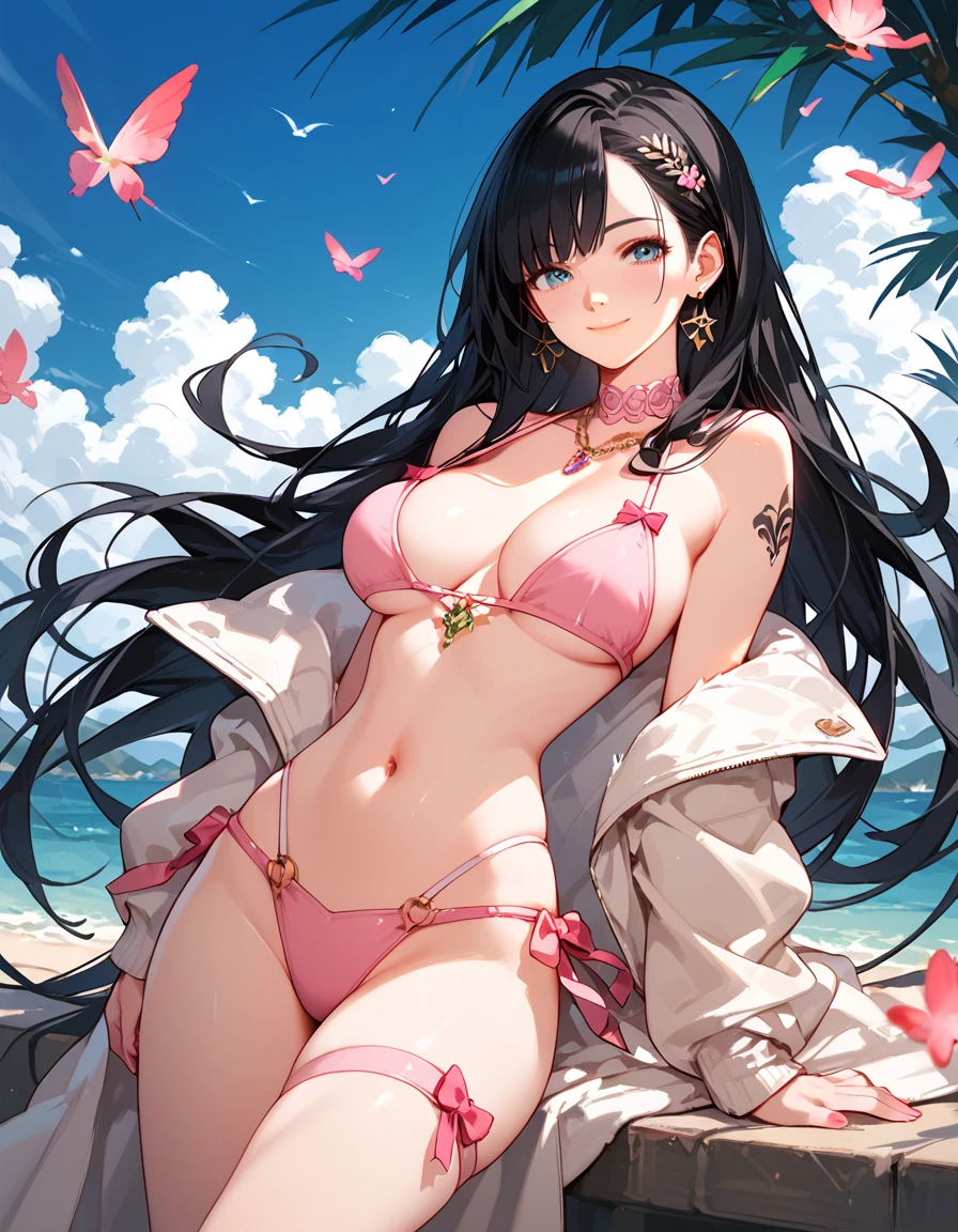 high quality, masterpiece, Super detailed, 1 girl, Extremely detailed faces, Christmas pink lace latex bikini,pink gloves,pink stockings,,Maid tiara,BDSM,handcuffs,collar,calm expression,Smile,handcuffs,collar,long black hair, charming pink eyes, fox ears, Ridiculously big, shiny skin, Sitting on a sea of flowers,Bright sea of flowers,grassland,seaside