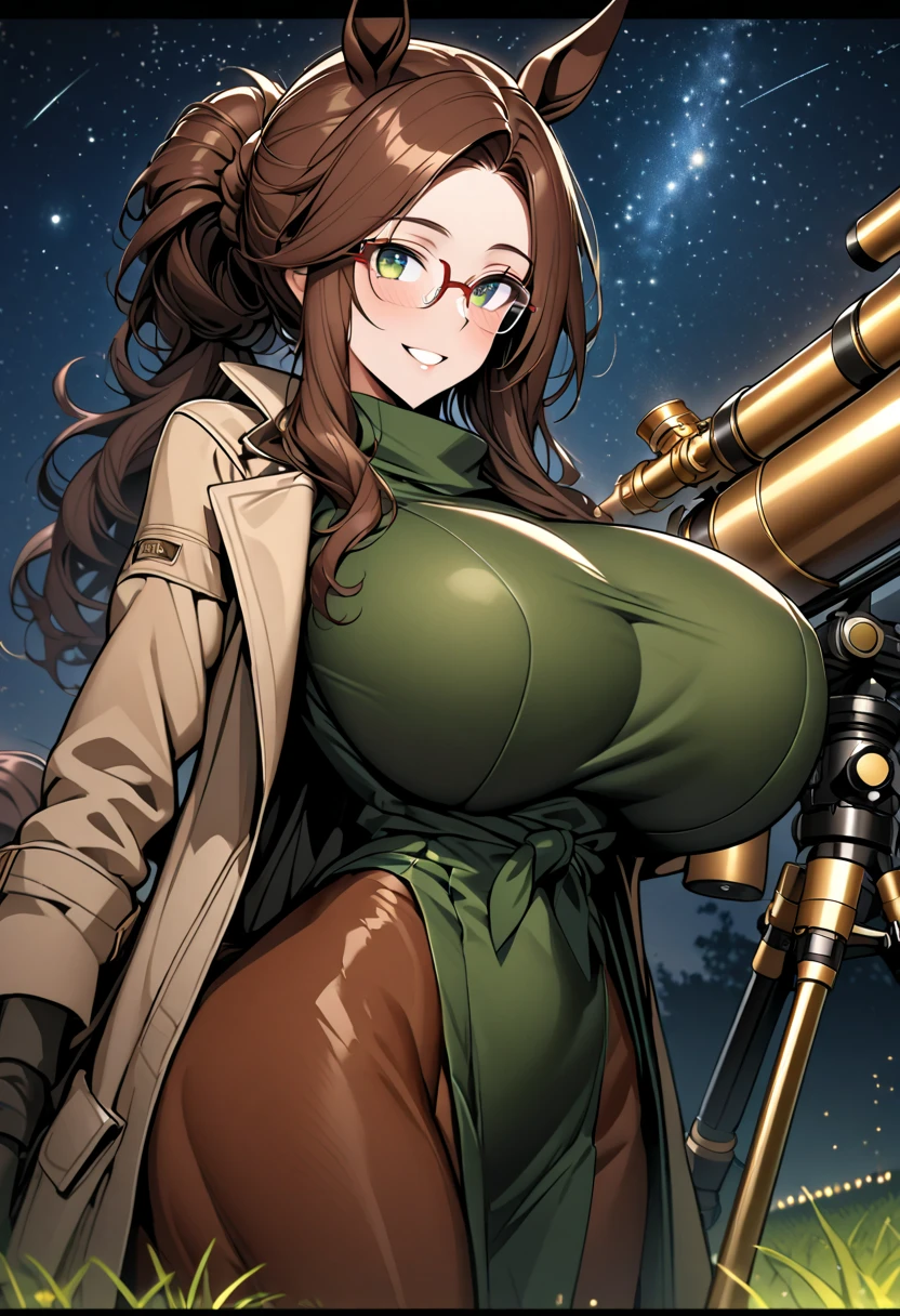 solo, female, close up, long wavy hair, brown hair, dark green eyes, centaur girl, brown horse ears, huge breasts, tied hair, modest clothes, night sky, wide smile, large brass telescope, telescope on tripod, starry sky, grassy field, night, coat, glasses, horse body, horse legs, quadruped