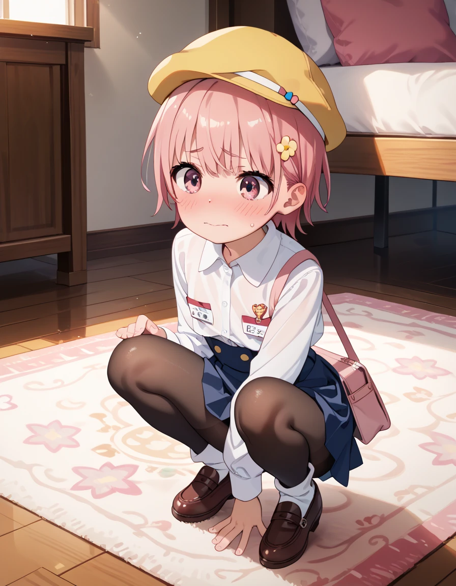 score_9, score_8_up, score_7_up, score_6_up, score_5_up, score_4_up, source_anime, masterpiece, best quality, loli, petite, shiny skin, gleaming skin, flat chest, pink hair, short hair, pink eyes, school hat,yellow headwear,pink shirt,long sleeves,name tag,(blue skirt:0.9),white socks,uwabaki,shoulder bag, underbust, embarrassed, on floor, indoors, :o, carpet, Stretch one leg, squatting, black pantyhose,, panties under pantyhose, panties, full body,