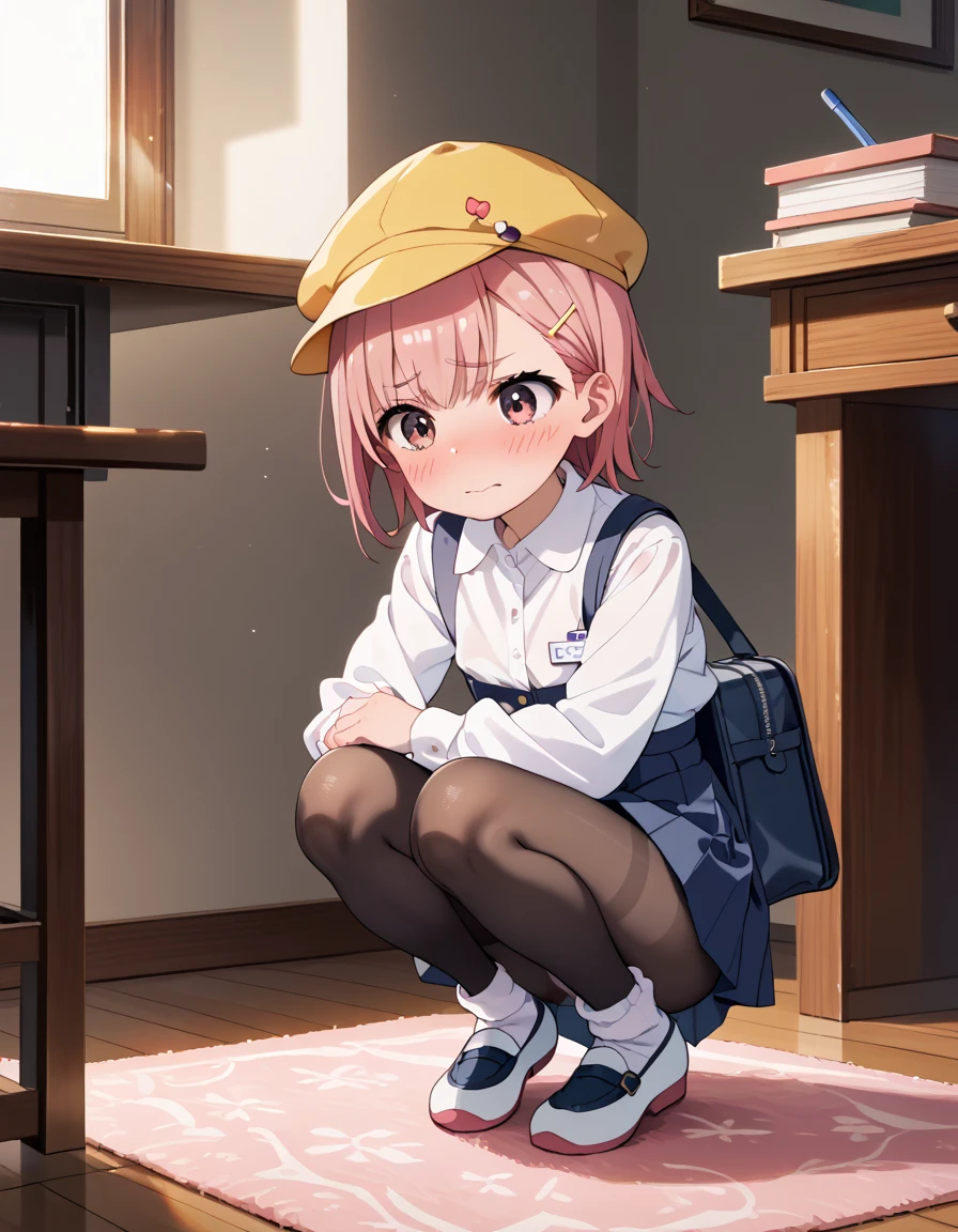 score_9, score_8_up, score_7_up, score_6_up, score_5_up, score_4_up, source_anime, masterpiece, best quality, loli, petite, shiny skin, gleaming skin, flat chest, pink hair, short hair, pink eyes, school hat,yellow headwear,pink shirt,long sleeves,name tag,(blue skirt:0.9),white socks,uwabaki,shoulder bag, underbust, embarrassed, on floor, indoors, :o, carpet, Stretch one leg, squatting, black pantyhose,, panties under pantyhose, panties, full body,