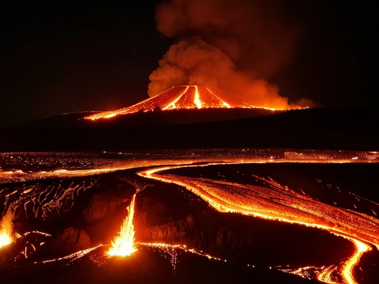 ((masterpiece)), (( top quality )),A realistic and dramatic depiction of Mt. Fuji。 lava flows down the slope 。This scene captures the wild 々 forces of nature 、 the melted lava shines bright orange and red 、 creates a sharp contrast with the dark landscape 。 thick columns of ash and smoke rise into the sky 、 the iconic mountain summit is partially invisible 。In the surrounding area、 sparkling rivers of lava cut through the terrain 、 the embers and sunshine add intensity 。 the dim sky is illuminated by violent eruptions 、 and has an ominous atmosphere 。