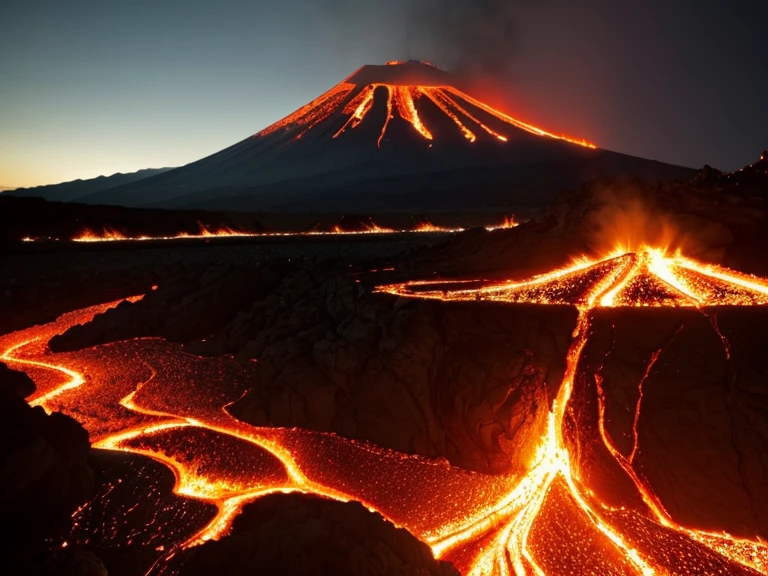 ((masterpiece)), (( top quality )),A realistic and dramatic depiction of Mt. Fuji。 lava flows down the slope 。This scene captures the wild 々 forces of nature 、 the melted lava shines bright orange and red 、 creates a sharp contrast with the dark landscape 。 thick columns of ash and smoke rise into the sky 、 the iconic mountain summit is partially invisible 。In the surrounding area、 sparkling rivers of lava cut through the terrain 、 the embers and sunshine add intensity 。 the dim sky is illuminated by violent eruptions 、 and has an ominous atmosphere 。