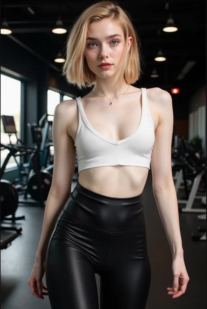 Beautiful young woman, very very short platinum hair, ear rings, makeup. Slim, heart shaped face, blue eyes, fair skin, determined look. Red crop top, short black skirt, black stockings.