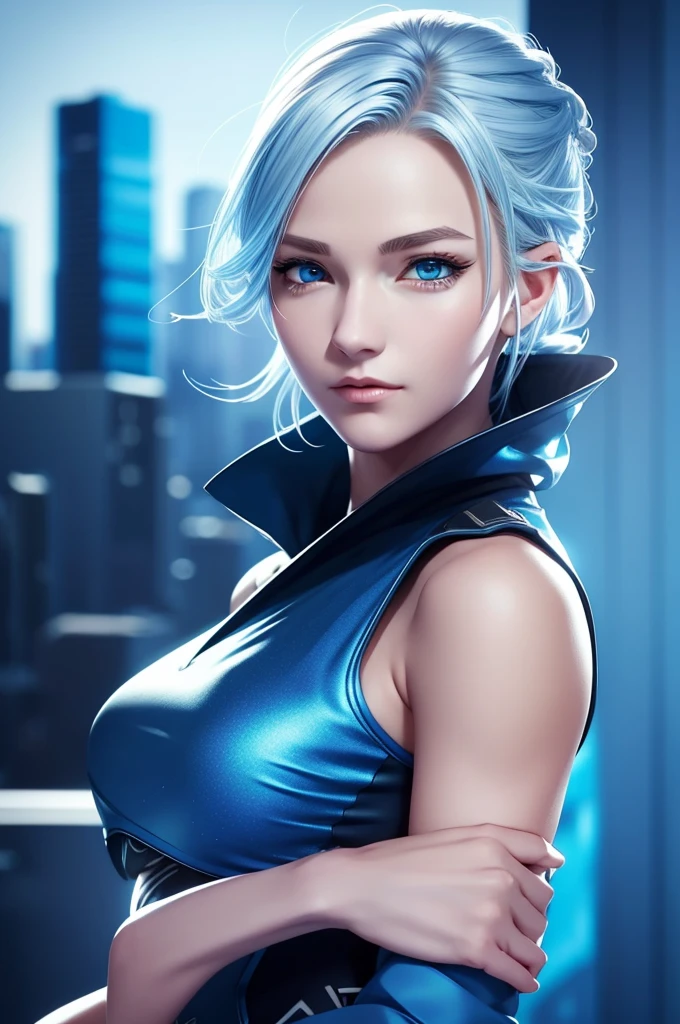 jett valorant, focused upper body, 1 girl, wearing blue ninja outfit, sparkling blue eyes, silver hair, highrise building background, nice perfect face with soft skin, intricate detail, 8k resolution, masterpiece, 8k resolution photorealistic masterpiece, professional photography, natural lighting, detailed texture,