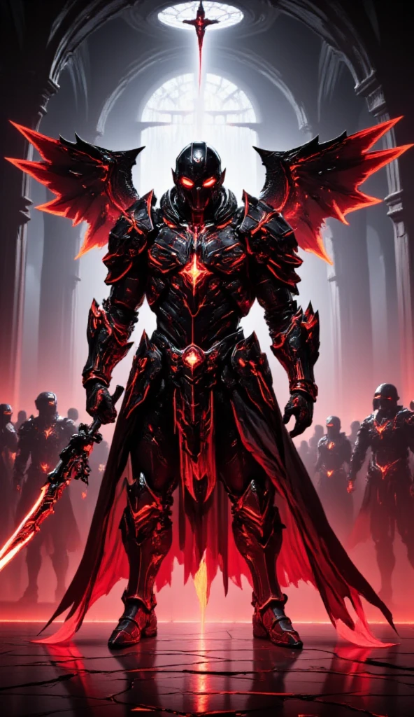 Full Body Mechanized Image of an Adult Male Holy Knight Commander Attached by Demons。His muscular robotic body ，WEARING EVIL BLACK AND RED HOLY KNIGHT ARMOR， has dark red glowing eyes and red-black mechanical wings。 He boldly stands inside a mysterious black and red mechanical church ， surrounded by countless cavalry soldier followers 。 composition underlines his majestic presence ， Eye-catching lights and dramatic shadows accentuate his armor and the church's strange atmosphere。The dark red light in his eyes symbolizes and falls 。 This setting is a cyberpunk-inspired futurist mechanism ，Without a cape 。 Bold composition captures the grandiose and sinister energy of the scene 。