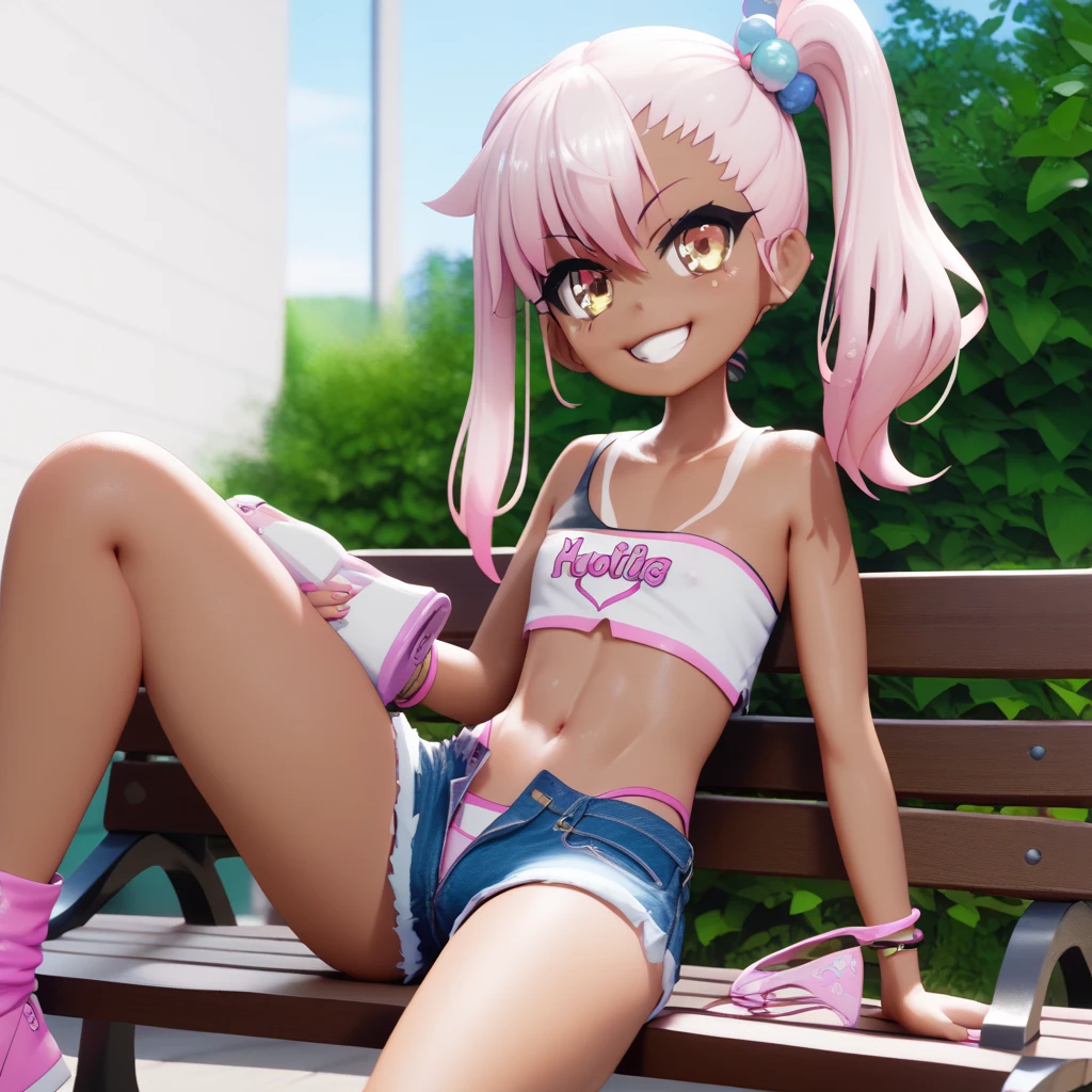 1girl,solo,smile,outdoor,midriff, pink tube top, denim hotpants, open fly, beld, gyaru clothes, thighighs,sitting,bench, chloe,dark_skinned_female,dark_skin,long_hair,pink_hair,yellow_eyes,hair_between_eyes,white_hair,bangs,flat chest,,half_updo,one_side_up, young girl, (loli:1.3), slender waist, nice hips, slut, side ponytail, cameltoe, pulling open shorts, pulling up top, nipple peek, pussy peek,