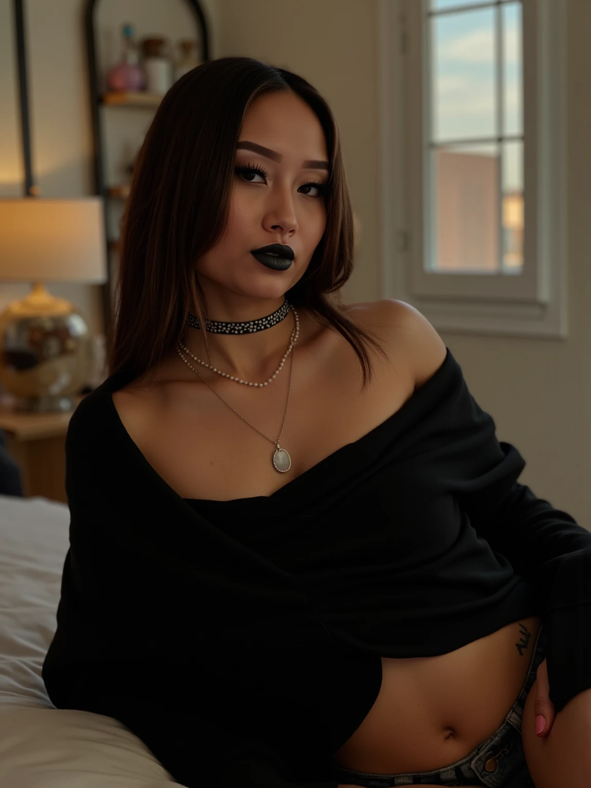 (1 girl 1.3) (extremely detailed 1.3) (anatomically correct, High precision, realistic skin) (RAW photo, nikon, 8k, Super detailed, advanced details, intricate details,), (Lighting: Face lighting, Ray tracing, reflective light, Structurally correct) hugging her knees to her chest (1 girl 1.3) (extremely detailed 1.3) (anatomically correct, High precision, realistic skin) (RAW photo, nikon, 8k, Super detailed, advanced details, intricate details,), (Lighting: Face lighting, Ray tracing, reflective light, Structurally correct) ((Background: back room of a nightclub 1.3)) ((divine aura, goddess of fertility, sex, and eroticism) (Subject: beautiful half-asian, mixed asian-european, bronze skin, woman with hair in black curls and coils) (wearing: glamorous detailed embroidered goth lolita rave, corset, teal and black, golden ancient jewellery on arms and neck wrists and fingers, wearing elegant gold and black high heel boot new rocks), ((beautiful big eyes looking up at the viewer, black shiny lipstick, perfect asian goth cyber makeup))