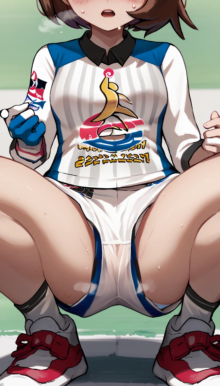 score_9, score_8_up, score_7_up, BREAK, 1girl, solo, Gloria, bob cut, white shirt, print shirt, white shorts, print shorts, dynamax band, single glove, white socks, shoes, short shorts, outdoor, squatting, spread legs, shirt, thighs, looking at viewer, blush, closed mouth, sweat, steam, white panties, from front, (white panties peek:1.3), nsfw, close-up shot of lower body, head out of frame