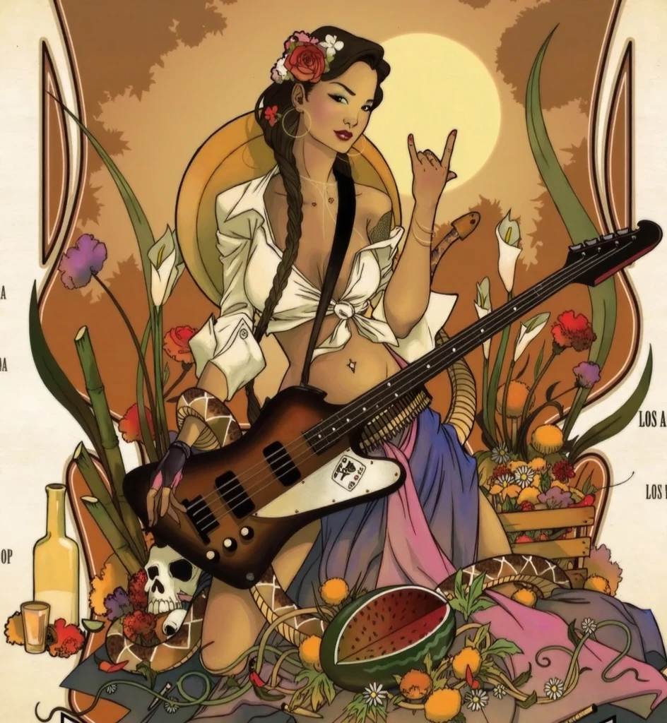 A photorealistic full-length portrait of a Mexican hippie woman in a vibrant cultural environment, with your right hand doing the iconic rock 'n' roll gesture . She has a lot of time, intricately braided black hair on one side , adorned with marigolds and real roses . Your tanned skin shines in warm natural light . Holds an electric bass guitar with a polished wooden body in her left hand . She wears a loose white blouse with flowing sleeves , you can see her large neckline , casually draped under her shoulders , exposing part of her collarbone and shoulders , combined with a colorful long skirt with traditional patterns , showing her legs . The background features marigolds , cactus, and tropical flowers , with a bright golden sun low on the horizon , projecting dramatic light . The image is vibrant ., Detailed , and highly realistic , showing her full body and posture . Look from the side , very large .