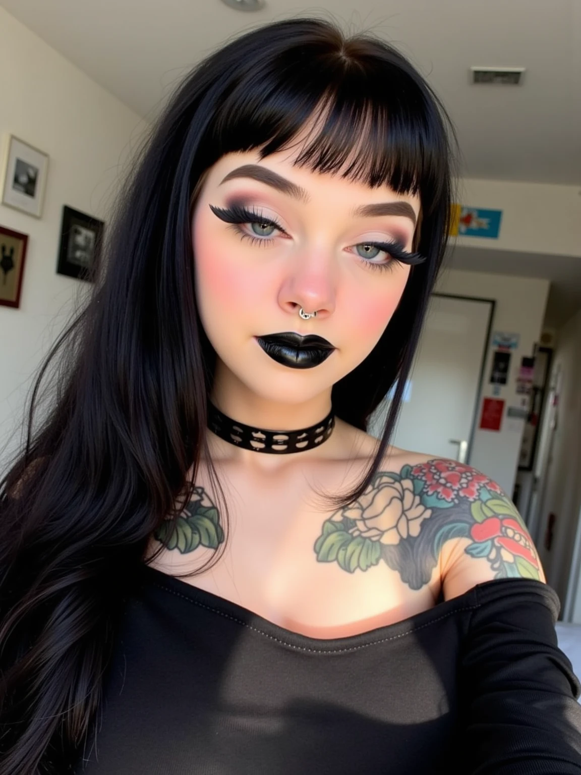photography of a 20yo woman, perfect face, goth girl girl, shorts and fishnets